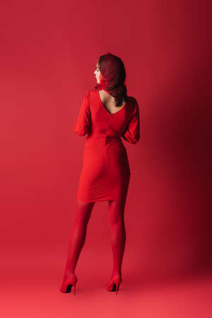 full length of young woman in dress and headscarf standing on redの写真素材