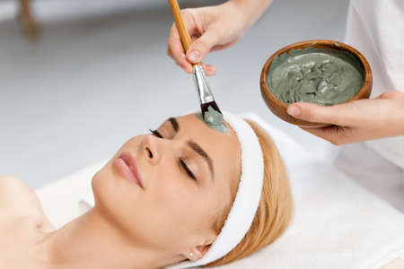 beautician holding bowl and applying clay mask on face of woman in spa centerの写真素材