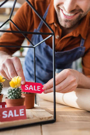 Cropped view of smiling seller holding price tag near plants in flower shopの写真素材