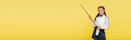 Smiling schoolkid holding pointer isolated on yellow, bannerの写真素材