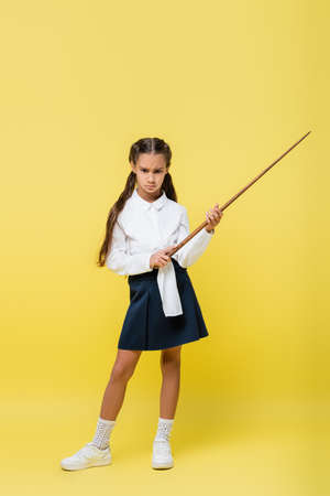 Serious schoolgirl in skirt holding pointer on yellow backgroundの写真素材