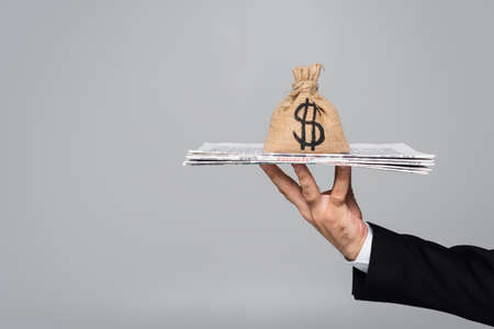 cropped view of man holding newspapers with money bag isolated on grey