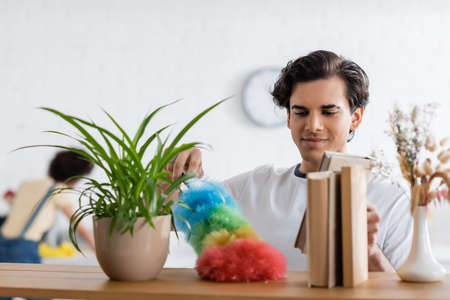 young man cleaning wooden shelf with dust brush near plants and booksの写真素材