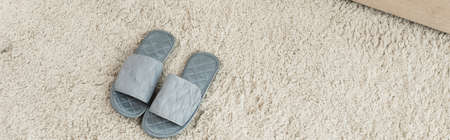 high angle view of grey slippers on beige carpet, bannerの写真素材