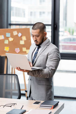 asian businessman in formal wear standing with laptop near work desk in office