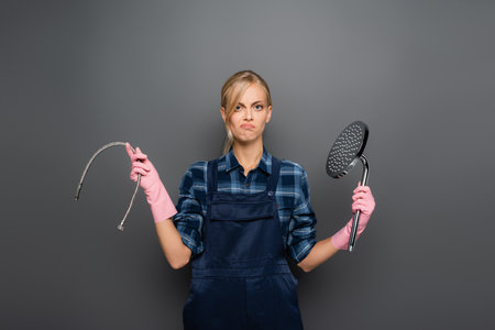 Displeased plumber in rubber gloves holding pipe and shower head on grey backgroundの写真素材
