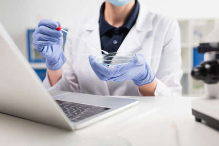 Cropped view of scientist holding petri dish and pcr test near laptop in labの写真素材