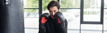 Brunette boxer in gloves standing near punching bag in gym, banner