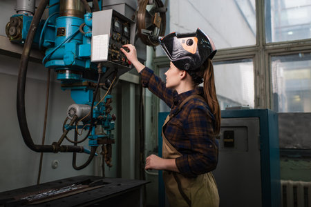 Side view of welder working with welding machine in factory