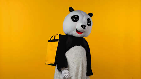 person in panda bear costume with backpack isolated on yellowの写真素材