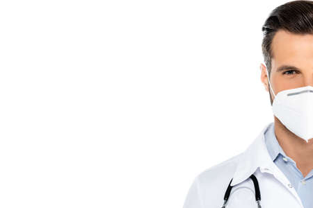 cropped view of doctor in protective mask looking at camera isolated on white with copy spaceの写真素材