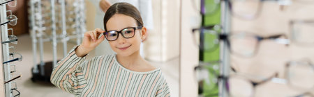 happy girl looking at camera while choosing eyeglasses in optics shop on blurred foreground, bannerの写真素材