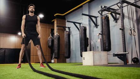 full length of bearded sportsman holding battle ropes in gym