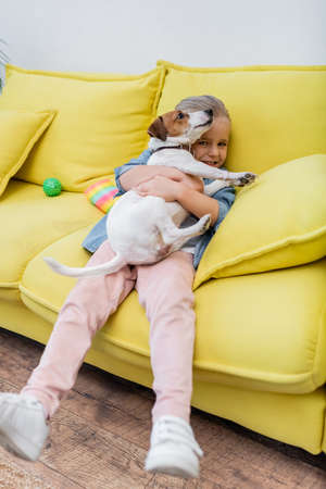 Kid looking at camera and hugging jack russell terrier on couchの写真素材