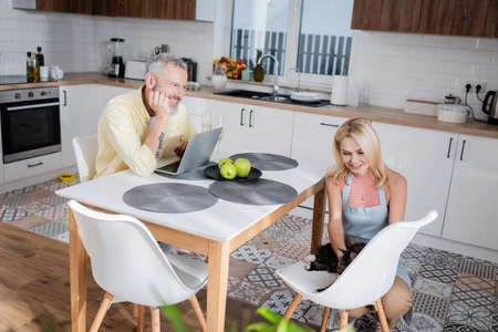 Smiling man looking at wife near cat and laptop at homeの写真素材