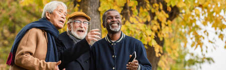 Smiling multiethnic elderly men with cellphone looking away in autumn park, banner