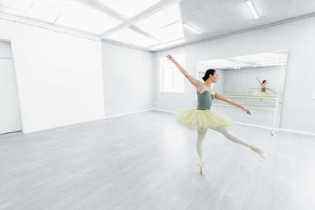 graceful woman in tutu dancing in spacious ballet studioの写真素材
