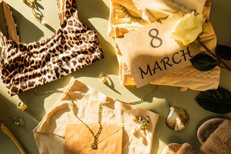 Top view of lingerie, rose near slippers and card with 8 march lettering on green background