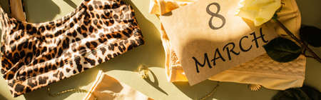 Top view of lingerie near card with 8 march lettering and rose on green background, bannerの写真素材