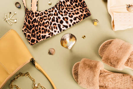 Top view of bras, slippers and bag on green backgroundの写真素材