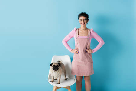 happy woman standing with hands on hips near pug on white chair on blue backgroundの写真素材