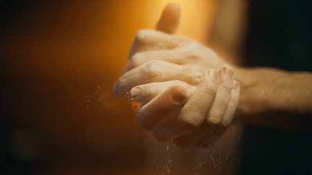 Cropped view of blurred sportsman with talc on hands on dark backgroundの写真素材