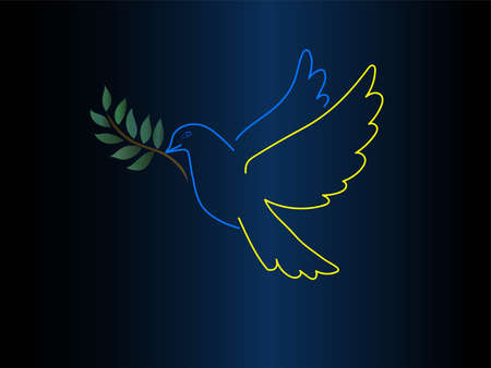 vector illustration of dove with blue and yellow colors near green leaves on dark backgroundのイラスト素材