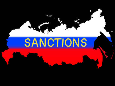 vector illustration of flag of russian flag with sanctions lettering isolated on black