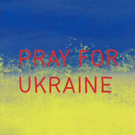 vector illustration of national flag near pray for ukraine lettering on blackの写真素材