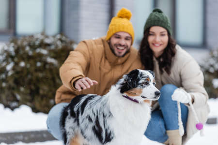 blurred man cuddling australian shepherd dog near girlfriend in winterの写真素材