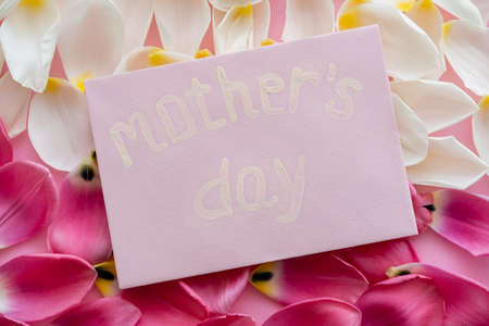 top view of envelope with mothers day lettering on white and pink floral petalsの写真素材