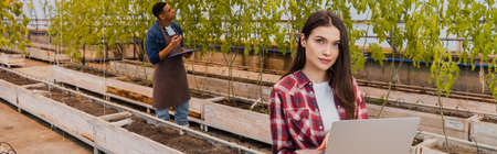 Farmer holding laptop while working near african american colleague in greenhouse, bannerの写真素材