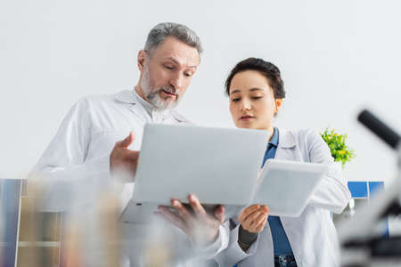 bearded geneticist pointing at laptop near colleague with digital tablet