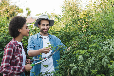 young african american woman trimming bushes near smiling gardener