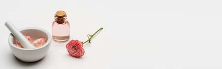 flower near pestle and mortar with petals and bottle with rose water on white, bannerの写真素材