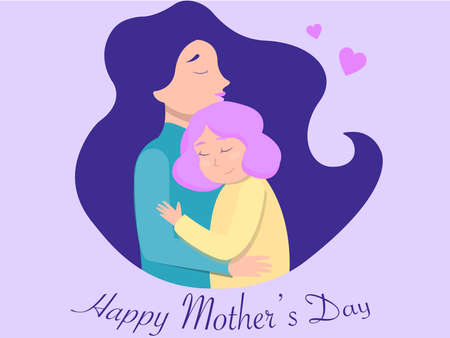 illustration of smiling mother and daughter hugging near happy mothers day lettering,stock imageのイラスト素材