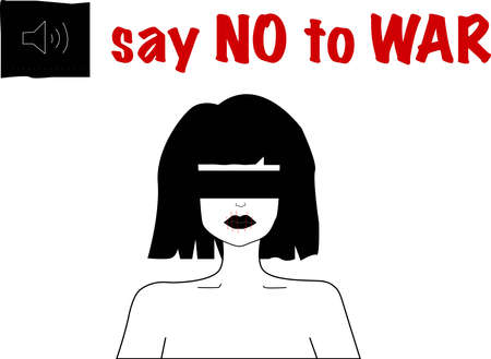 illustration of blindfolded woman near say no to war lettering on white,stock imageのイラスト素材