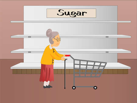 illustration of senior woman with walking cane and shopping cart near empty shelves with sugar lettering,stock imageのイラスト素材