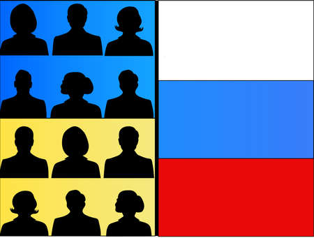 illustration of people against ukrainian and russian flags, negotiation concept,stock imageのイラスト素材