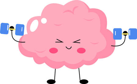 illustration of pink cartoon brain exercising with dumbbells,stock imageのイラスト素材