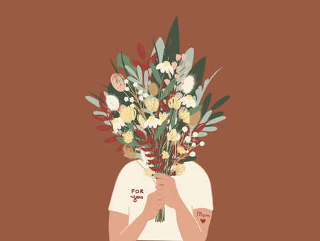 illustration of person in t-shirt with for you lettering holding bouquet of flowers,stock illustrationの写真素材