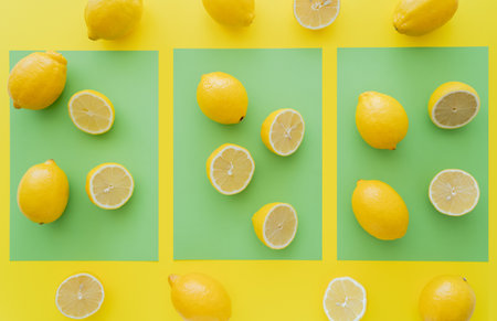 Top view of fresh bright lemons on green and yellow backgroundの写真素材