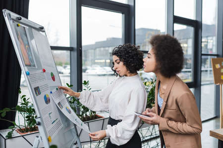 Side view of interracial businesswomen holding smartphone and paper near flip chart in officeの写真素材