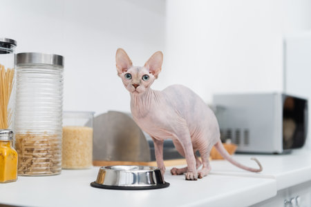 Sphynx cat looking at camera near bowl on kitchen worktopの写真素材