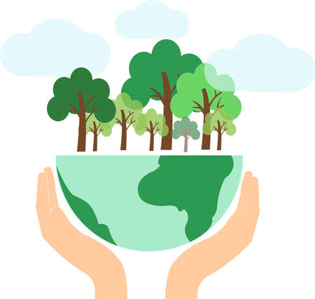 illustration of hands holding globe with green trees, environment day concept,stock illustrationのイラスト素材