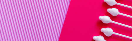 top view of cotton swabs on textured violet and pink background, bannerの写真素材