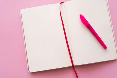 top view of empty open notebook and pen on pinkの写真素材