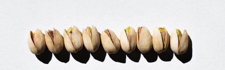 flat lay view of row with salty cracked pistachios on white, banner