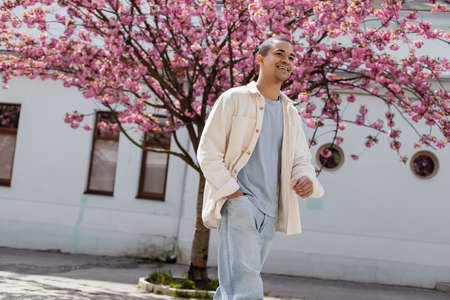 positive african american man in shirt jacket walking with hand in pocket near cherry treeの写真素材