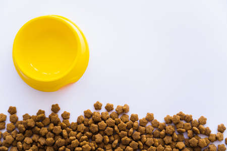 top view of yellow plastic bowl near pet food isolated on white